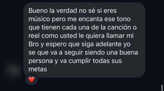 Mensaje: me encanta el tono de cada canción, espero que siga adelante y cumpla todas sus metas